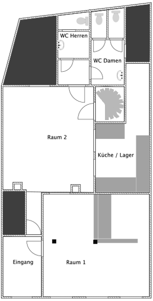 Grundriss klapp14 mit Eingang, Raum 1, Raum 2, Küche/Lager und WCs